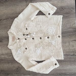 SUNNY STUDIO Paris Textured Beaded Embroidered Crochet Boho Jacket Beige
